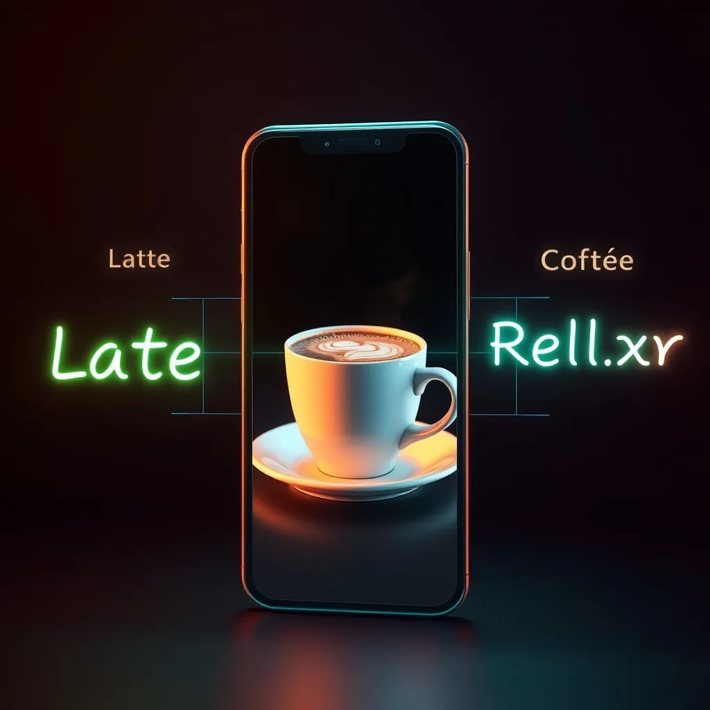 high-end commercial 3D render smartphone screen displaying coffee cup . futuristic scanning grid ...