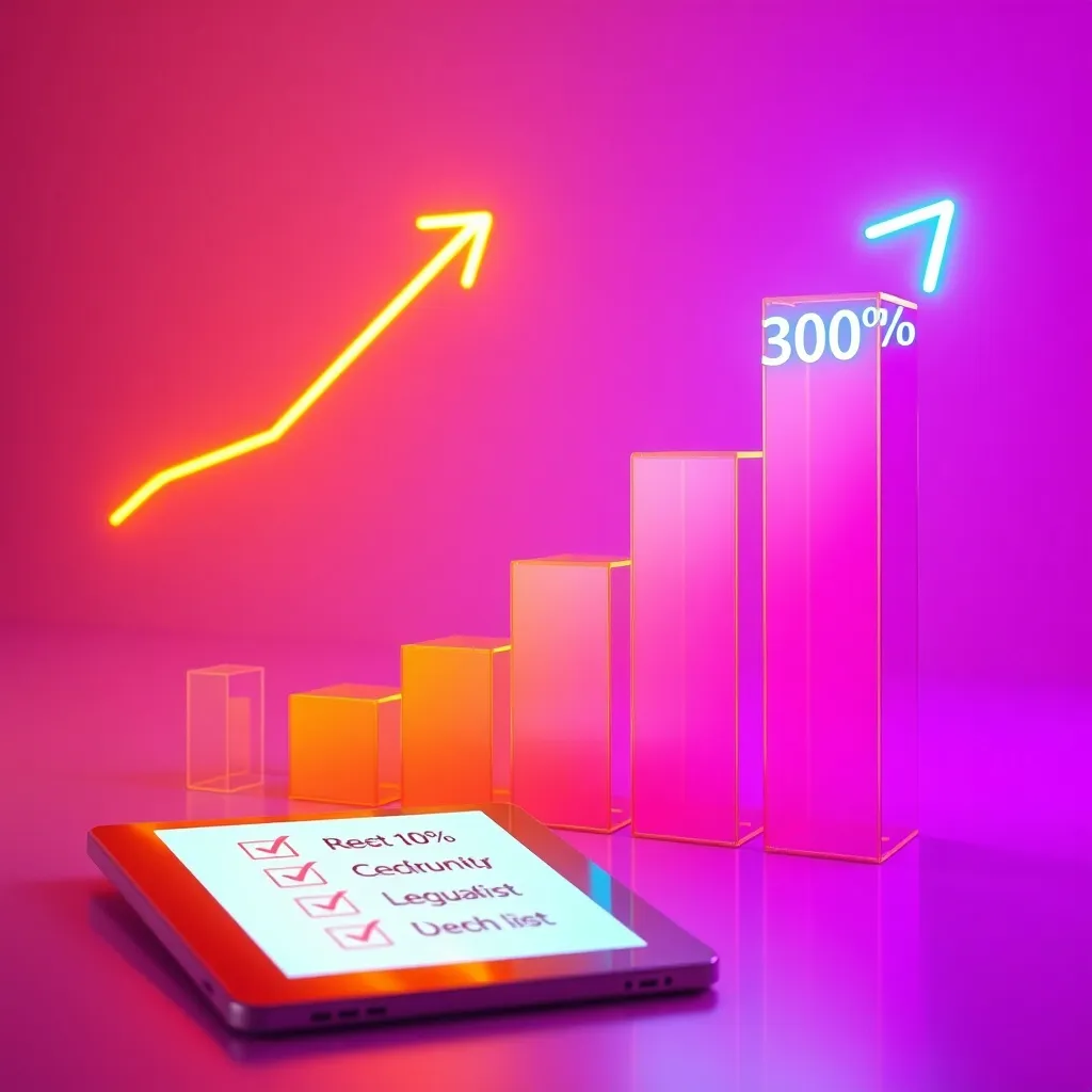 high-end commercial 3D render ascending bar graph made glowing neon glass blocks, showing massive...