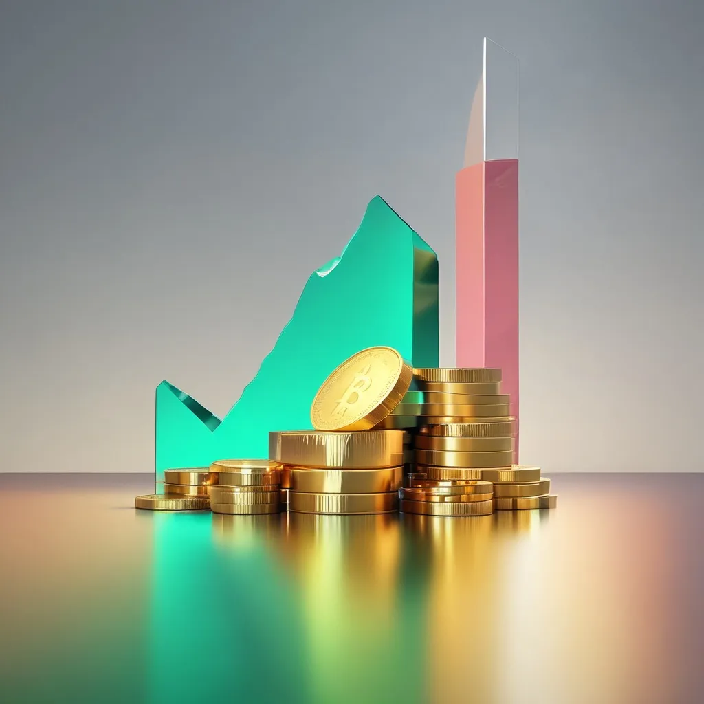 high-end commercial 3D render floating digital graph showing upward trend line turning into stack...
