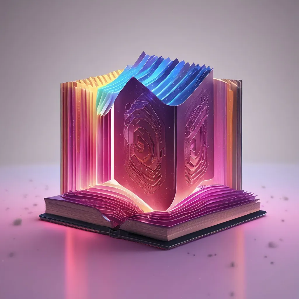 high-end commercial 3D render stylized 'Reference Book' or 'Encyclopedia' glowing with digital en...