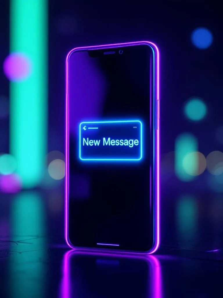 high-end commercial 3D render glowing smartphone screen showing 'New Message' notifications in ce...