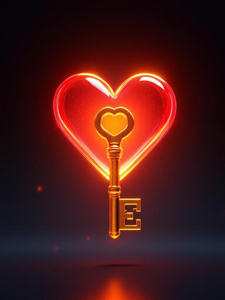 high-end commercial 3D render golden key unlocking glowing heart shape, symbolizing unlocking loy...