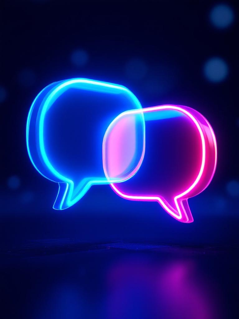 high-end commercial 3D render two interlocking chat bubbles (one glossy white, one neon blue) sym...