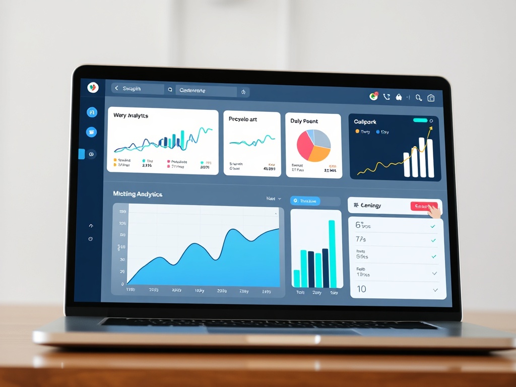 clean and modern social media analytics dashboard on laptop screen, showing growth charts and eng...