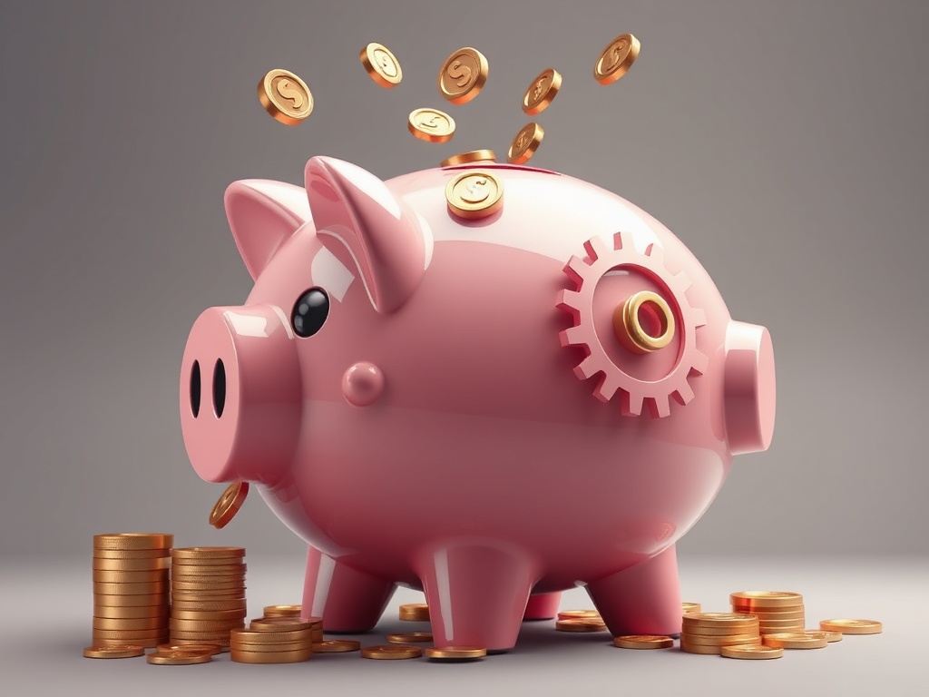 abstract symbolizing cost efficiency. large piggy bank with coins flowing into it, with gears and...