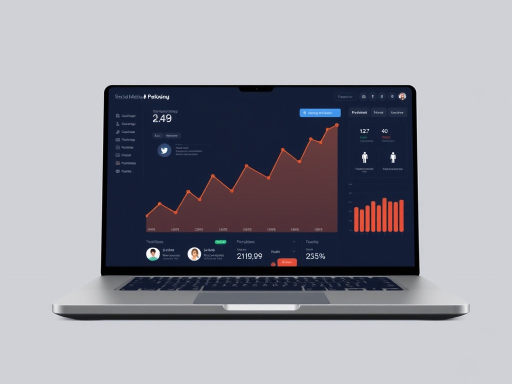 sleek, modern social media analytics dashboard on laptop screen, showing sharply rising follower ...