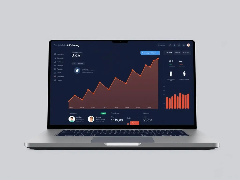 sleek, modern social media analytics dashboard on laptop screen, showing sharply rising follower ...