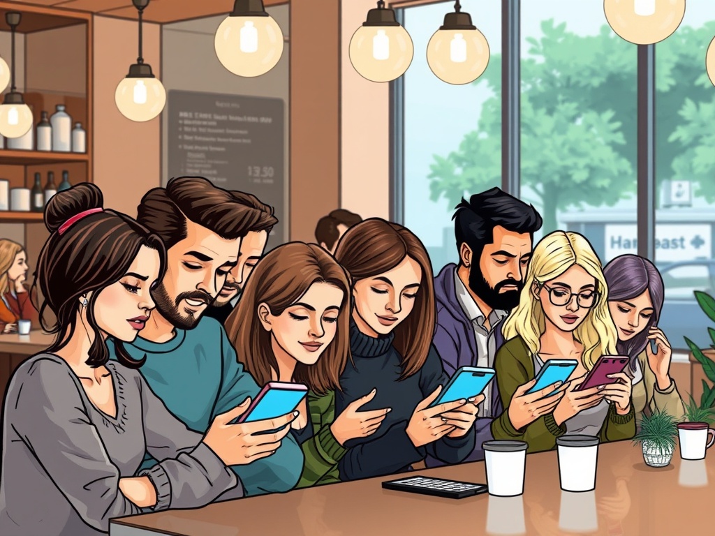 diverse group people in cafe, all looking at their smartphones with expressions interest and enga...