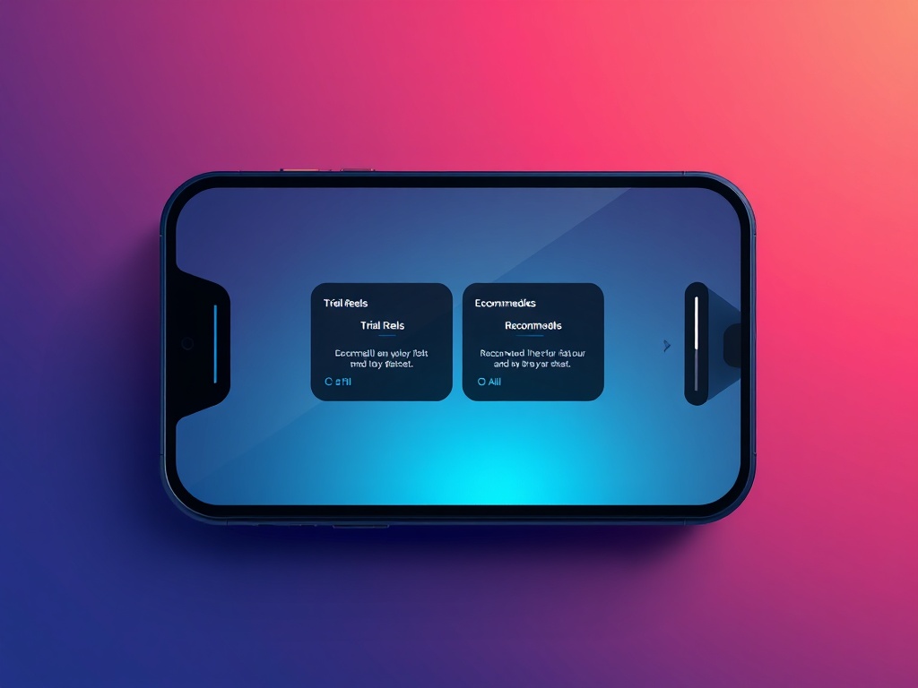 futuristic smartphone screen displaying new Instagram 'Trial Reels' and 'Recommendation Reset' fe...