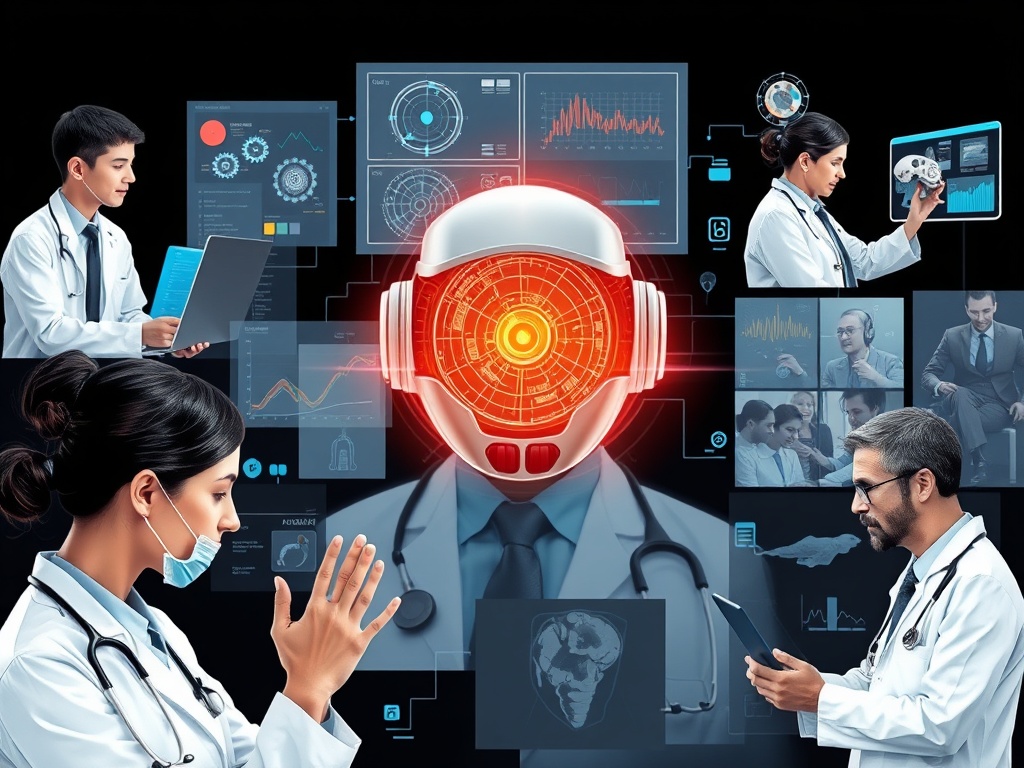 dynamic collage showing AI assisting in various professional settings: doctor analyzing medical s...