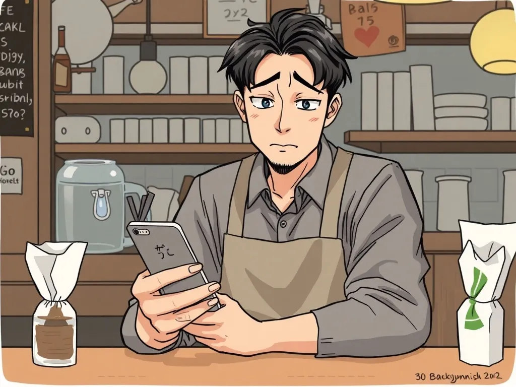 Japanese small cafe owner in his 30s looking at his smartphone with worried expression, sitting a...