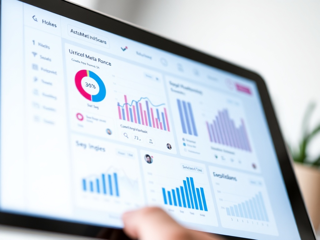 close-up modern, clean UI social media automation tool dashboard on tablet. screen shows detailed...