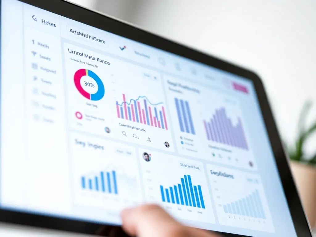 close-up modern, clean UI social media automation tool dashboard on tablet. screen shows detailed...