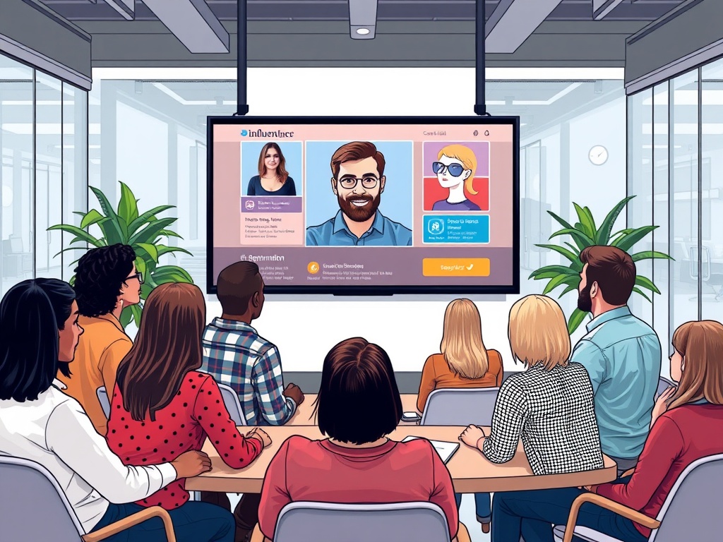 diverse marketing team in modern office, gathered around large screen displaying influencer profi...