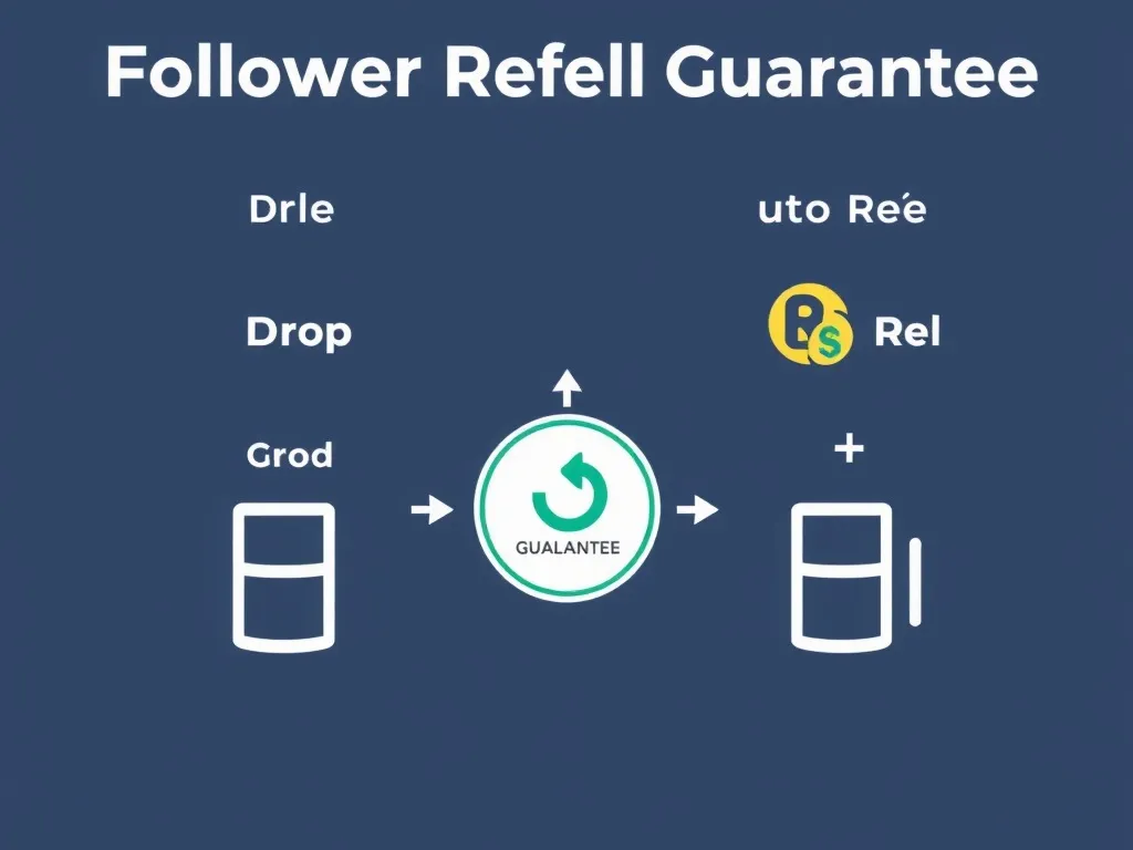 Infographic showing mechanism 'Follower Refill Guarantee', comparison between 'Drop' and 'Auto Re...