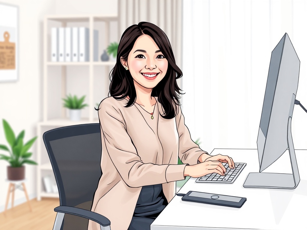friendly Japanese woman in her 30s sitting at clean, modern desk at home, smiling as she interact...