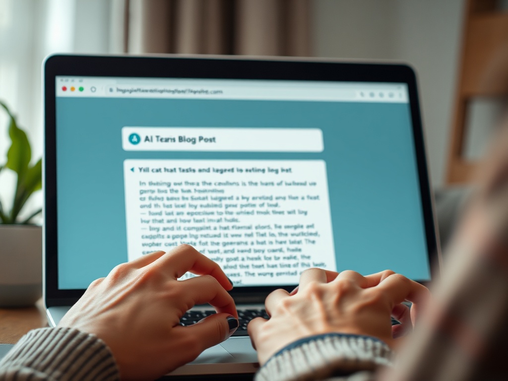 Close-up shot laptop screen showing ChatGPT-like AI generating blog post. woman's hands are on ke...