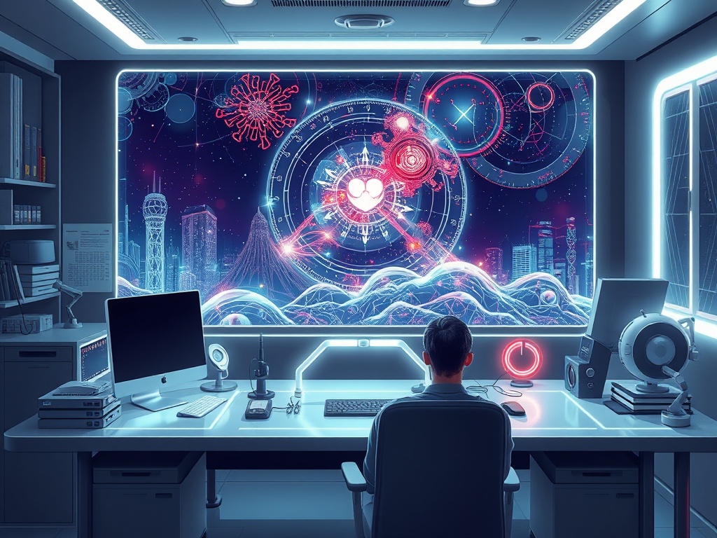 futuristic workspace where AI is generating stunning digital art on holographic screen, with huma...