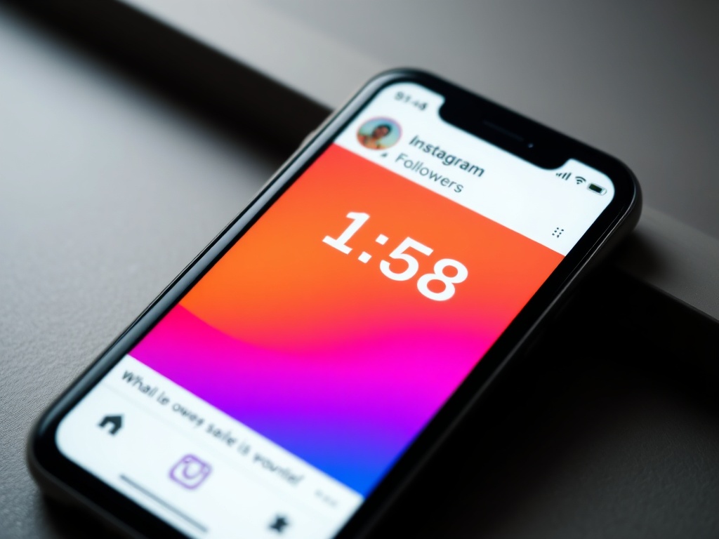 close-up smartphone screen showing Instagram profile with rising follower count. In background, p...