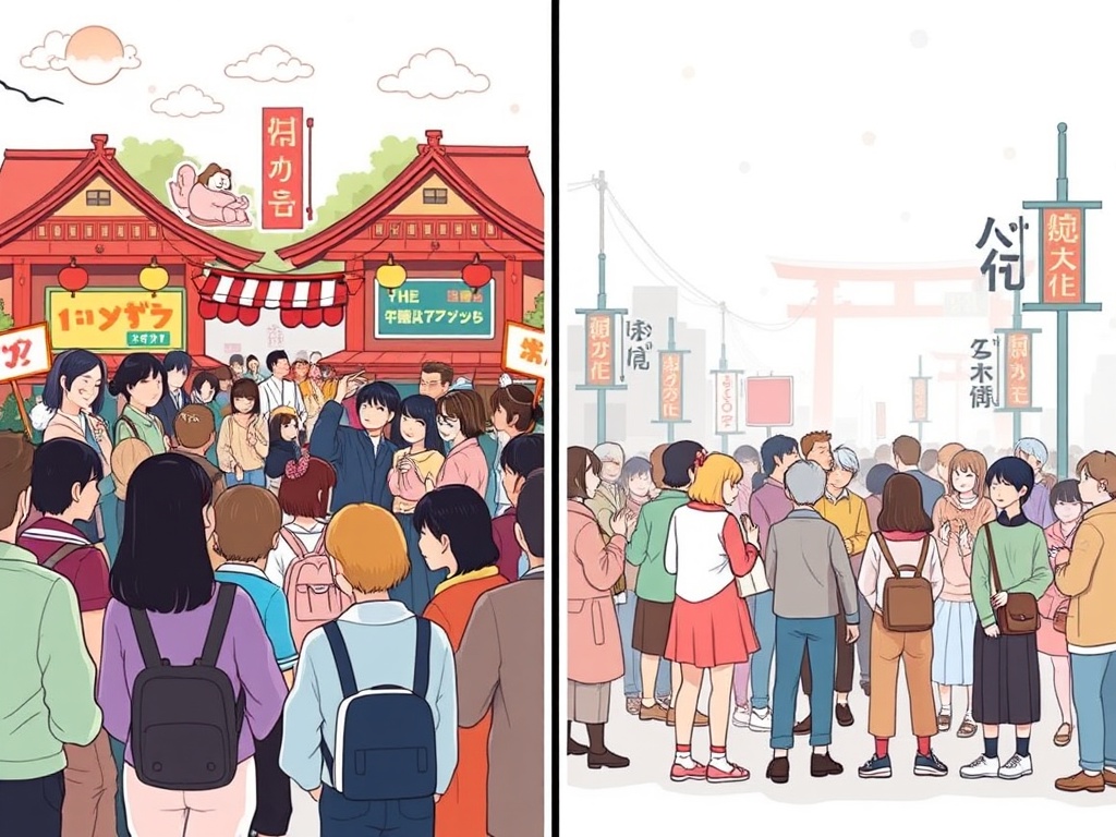 visual comparison infographic. On left, vibrant, engaged community diverse Japanese people intera...