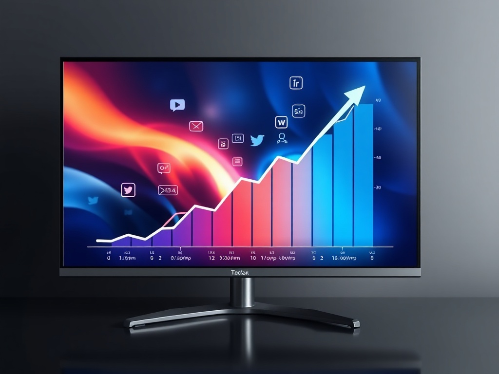 sophisticated data visualization social media growth on sleek monitor, showing sharp upward trend...