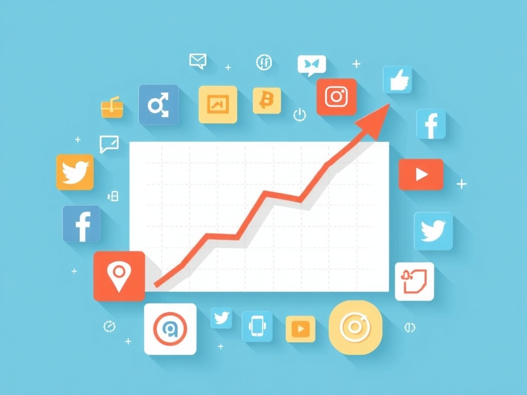 clean, modern flat design showing graph with upward trend, surrounded by social media icons like ...