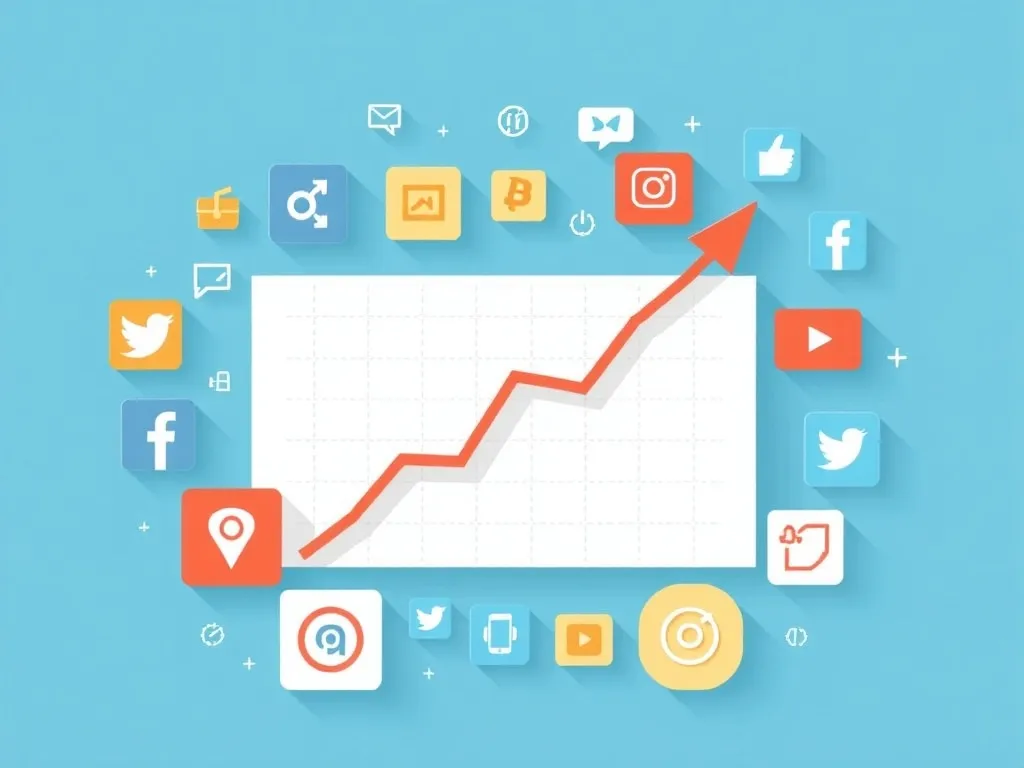 clean, modern flat design showing graph with upward trend, surrounded by social media icons like ...