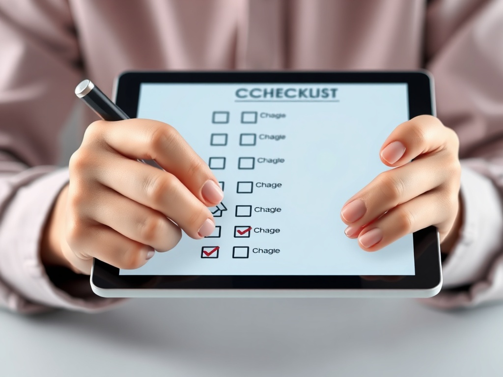 realistic, high-quality person's hands checking off items on digital checklist on tablet. checkli...