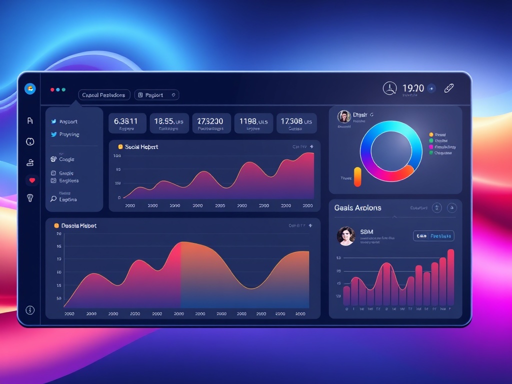 futuristic and clean dashboard interface for Social Media Marketing (SMM) Panel, showing graphs f...