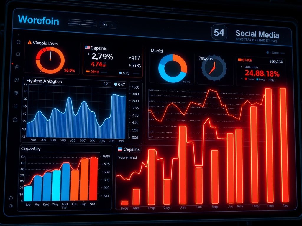 futuristic digital marketing dashboard displaying social media analytics, glowing graphs showing ...