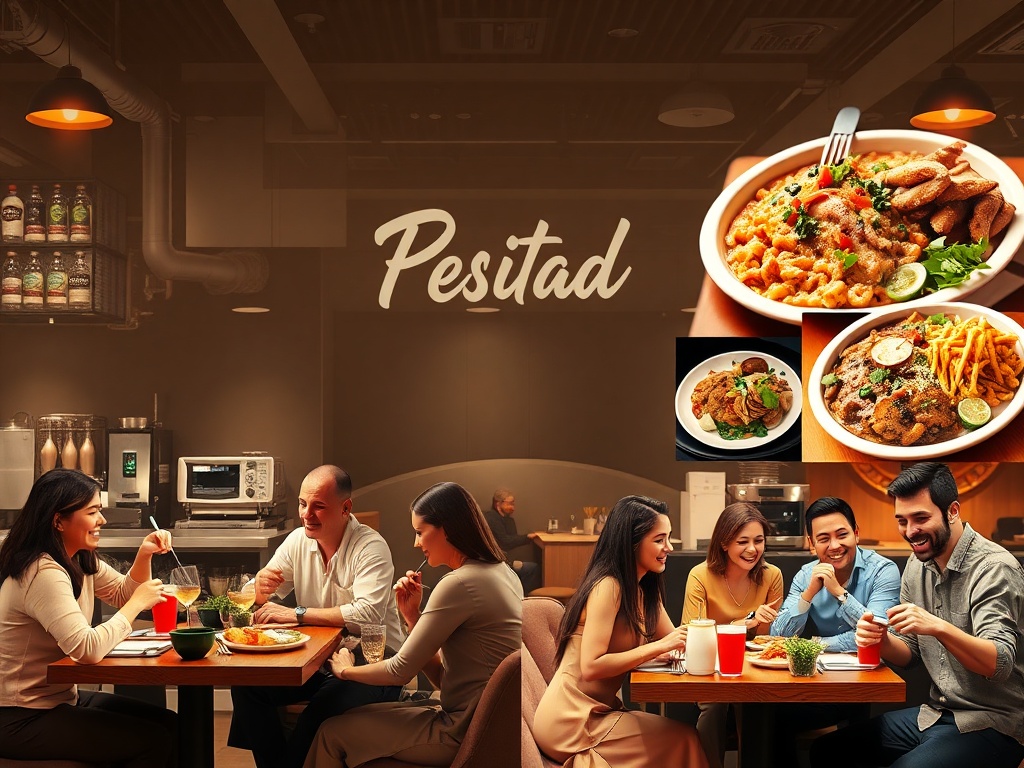 collage visually appealing restaurant food photos and happy customers enjoying their meals, repre...