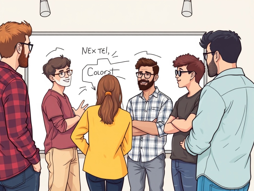 diverse group young creators brainstorming in creative studio, pointing at whiteboard with diagra...