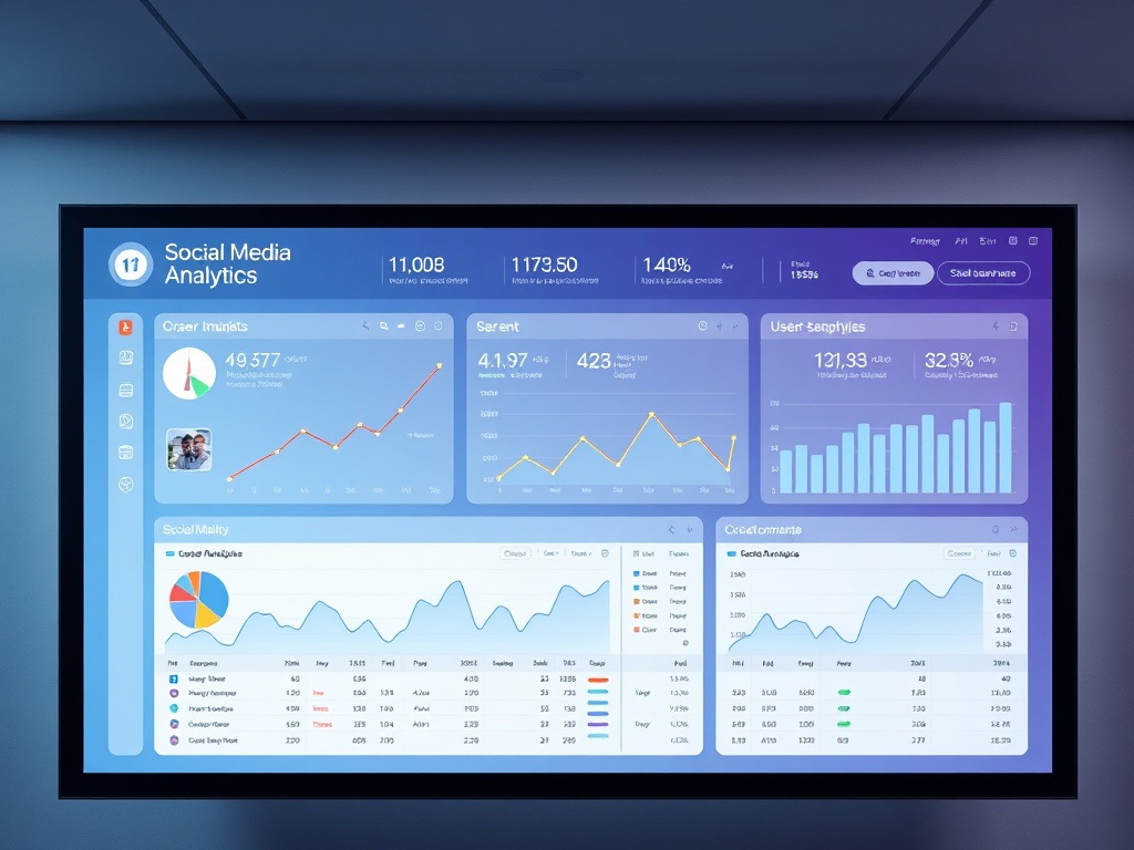 sleek, futuristic social media analytics dashboard on large screen, displaying graphs and user en...