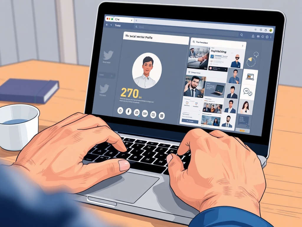 close-up shot person's hands carefully crafting detailed social media profile on laptop. screen s...