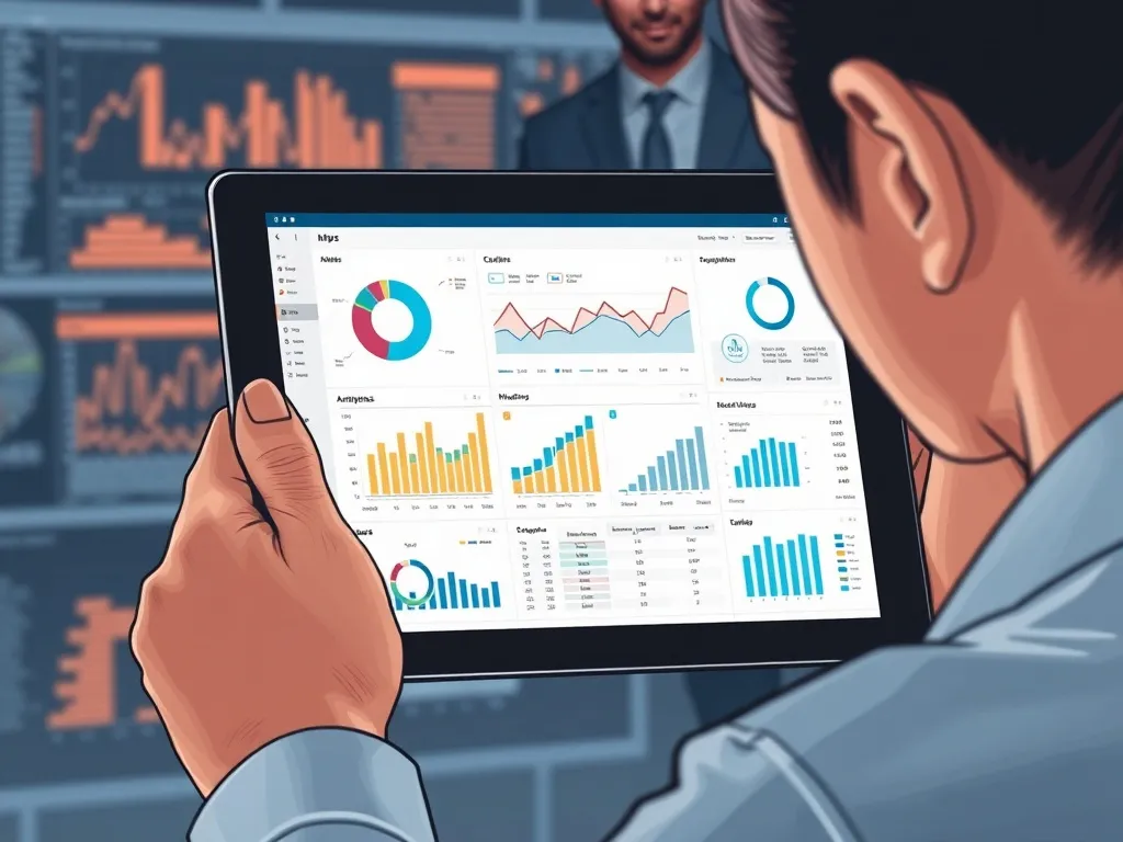 person intently studying tablet screen showing complex charts and data from X Analytics. They are...