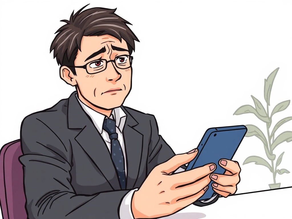 stressed Japanese social media manager looking at smartphone screen with disappointed expression,...