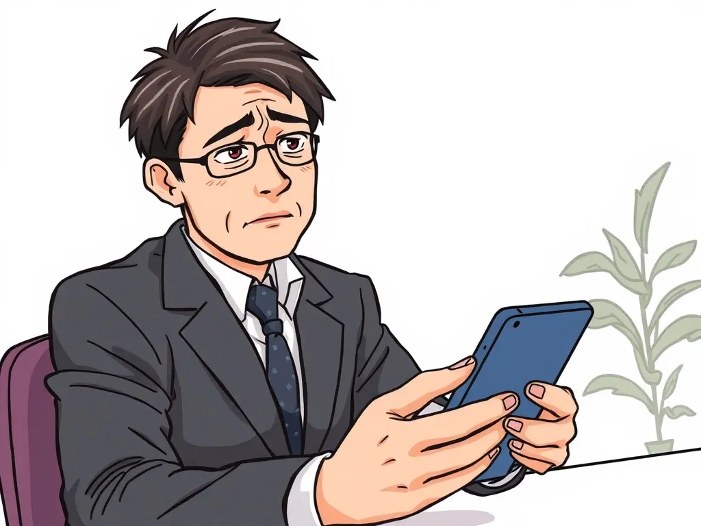 stressed Japanese social media manager looking at smartphone screen with disappointed expression