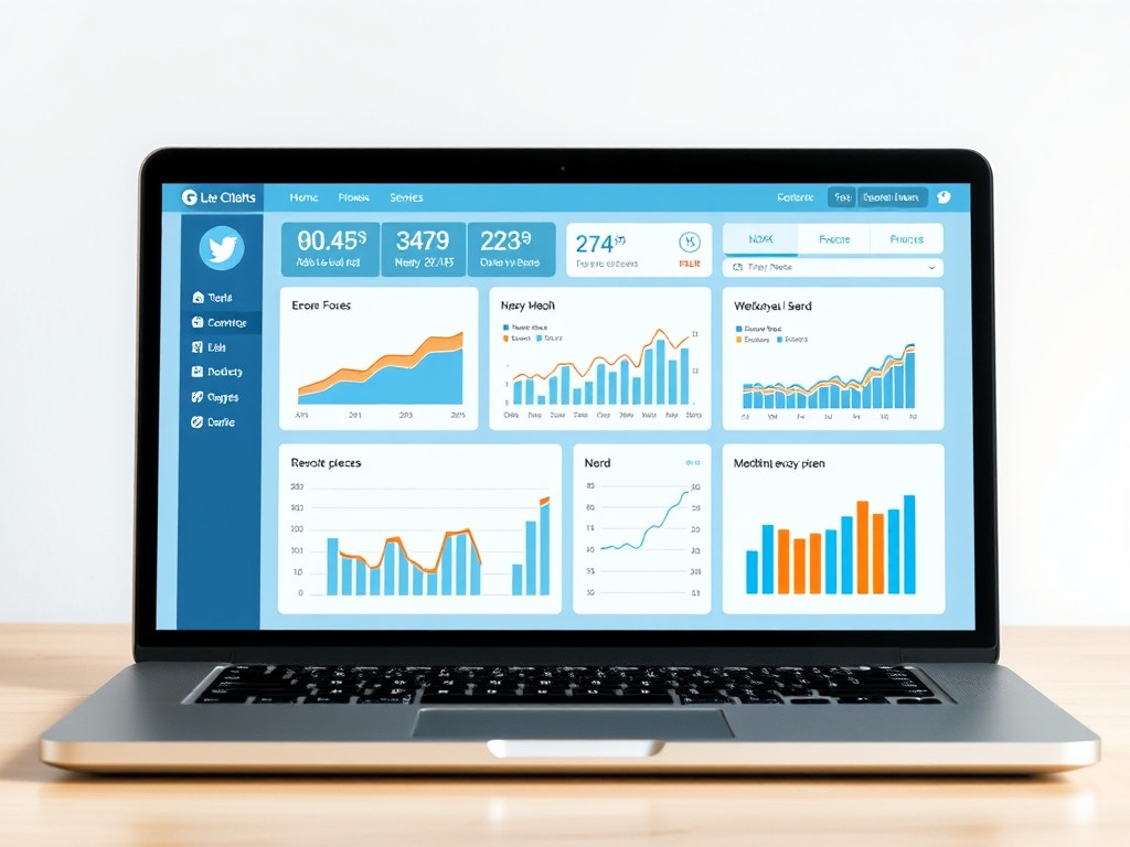 professional social media marketing dashboard on laptop screen, showing various charts and metric...