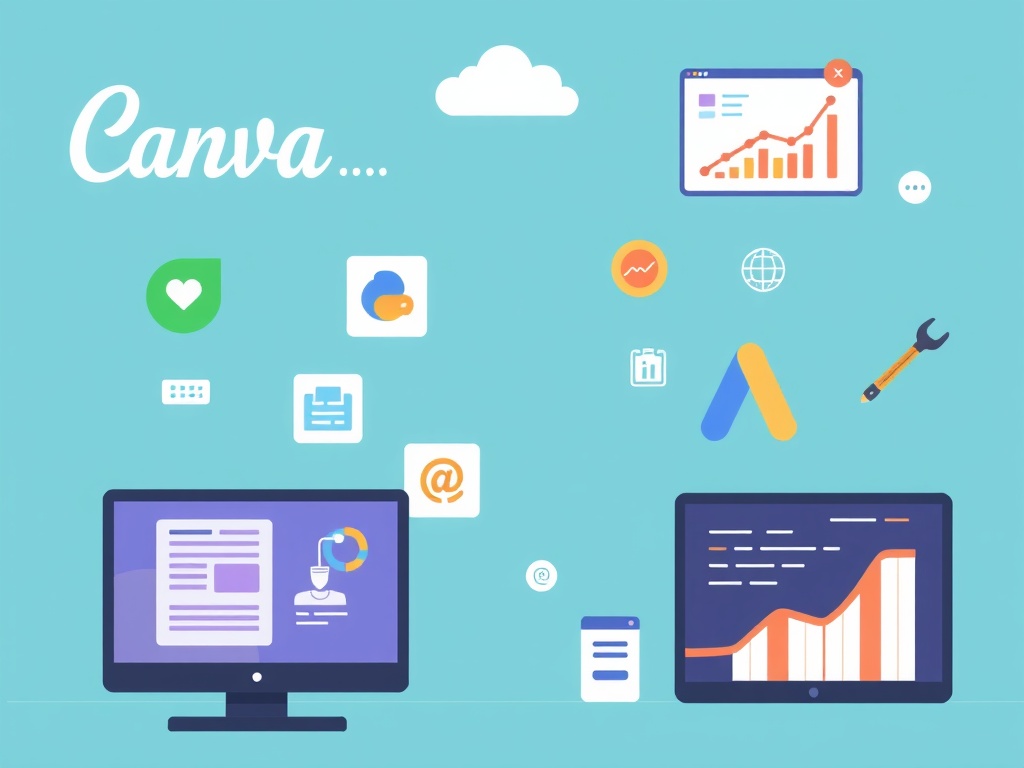 visually appealing layout showcasing various digital marketing tools, such as Canva, Google Analy...