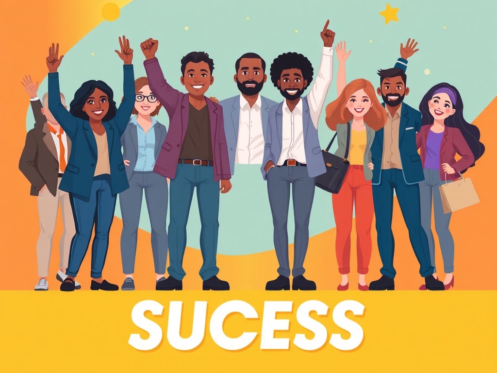 motivational featuring diverse group small business owners celebrating success, possibly with lap...