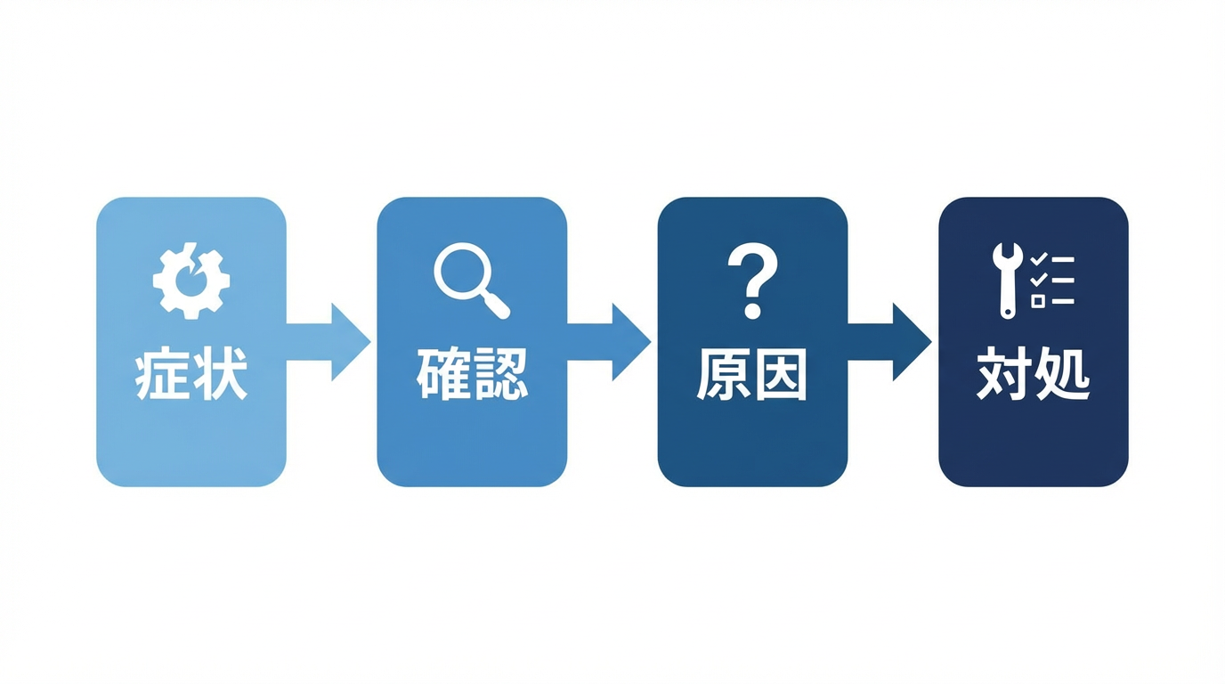 Firefly_Gemini Flash_白背景、シンプルなフローチャート。_「症状 → 確認 → 原因 → 対処」の4ステップ。_矢印で流れが分かる構成。_フラット、ベクター、情報図解、視認性重視。 708429.png
